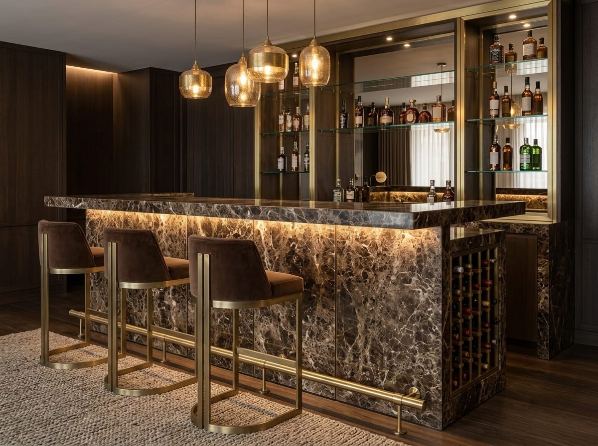 Bar with a front of Emperador Dark marble and warm lighting