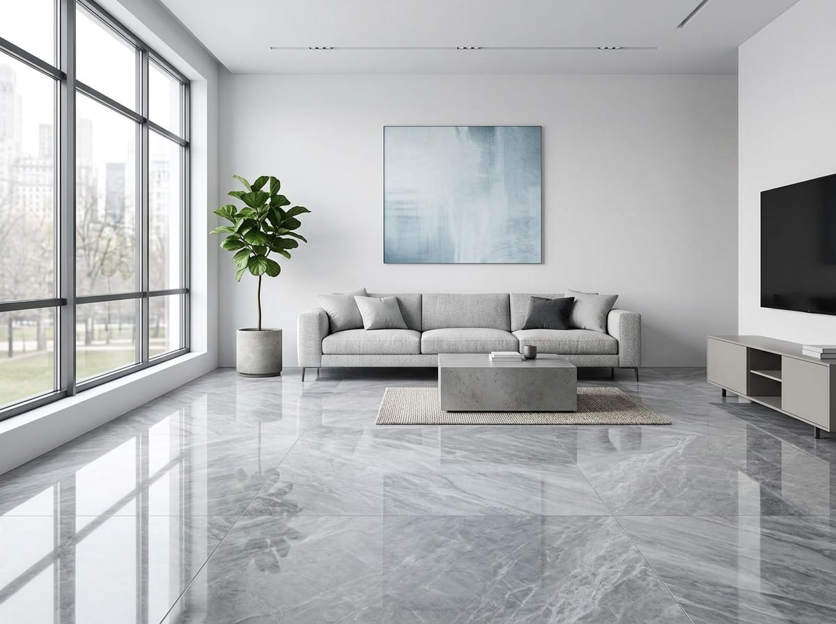 Living room with a floor of light grey Gris Nublado marble