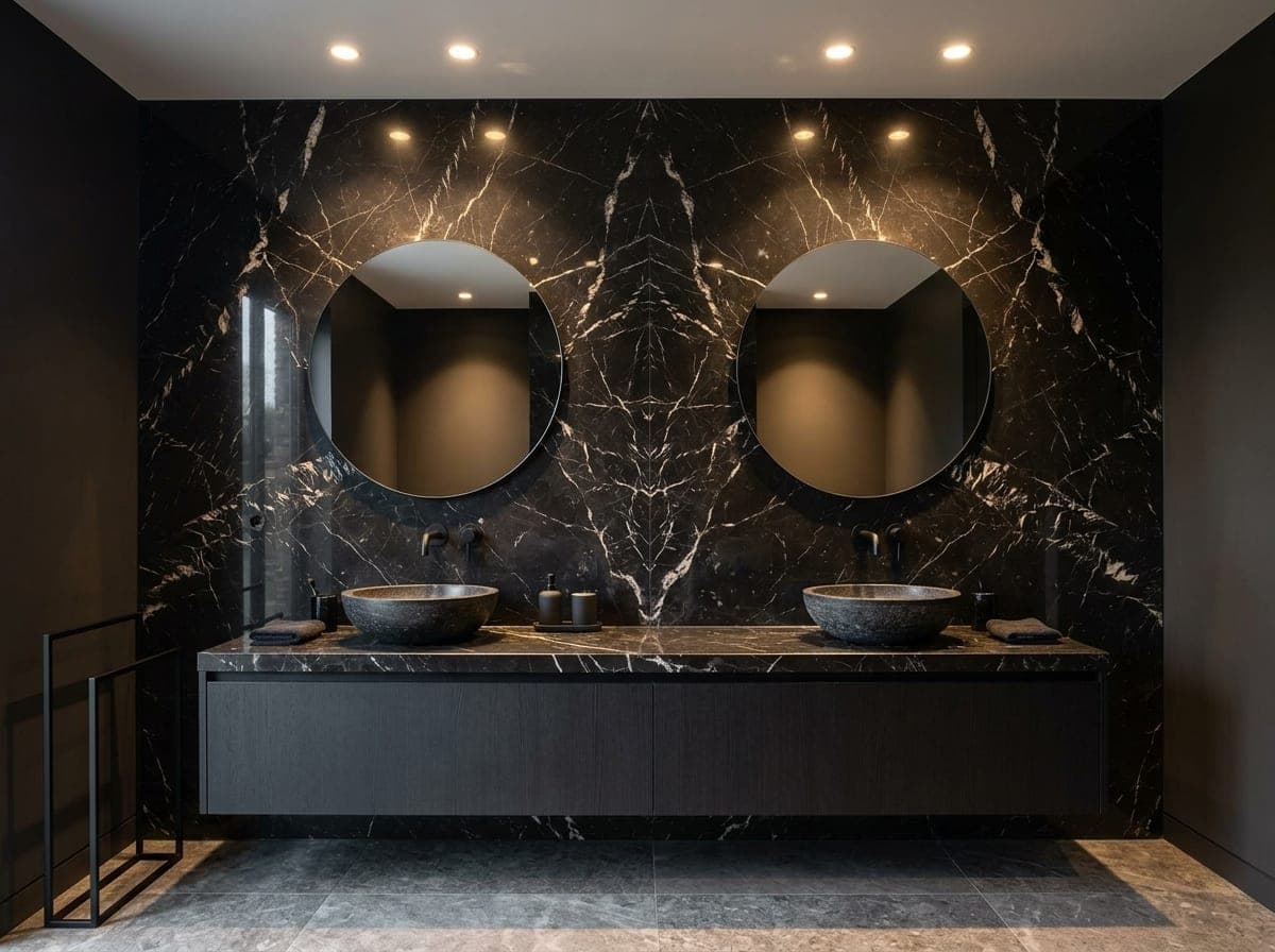 Badkamer met een wand van zwart Nero Levanto marmer met witte aders