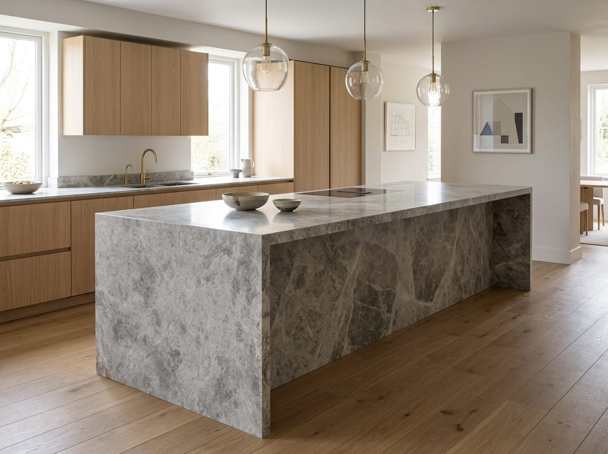 Kitchen with an island of Tundra Grey marble and wooden cabinets