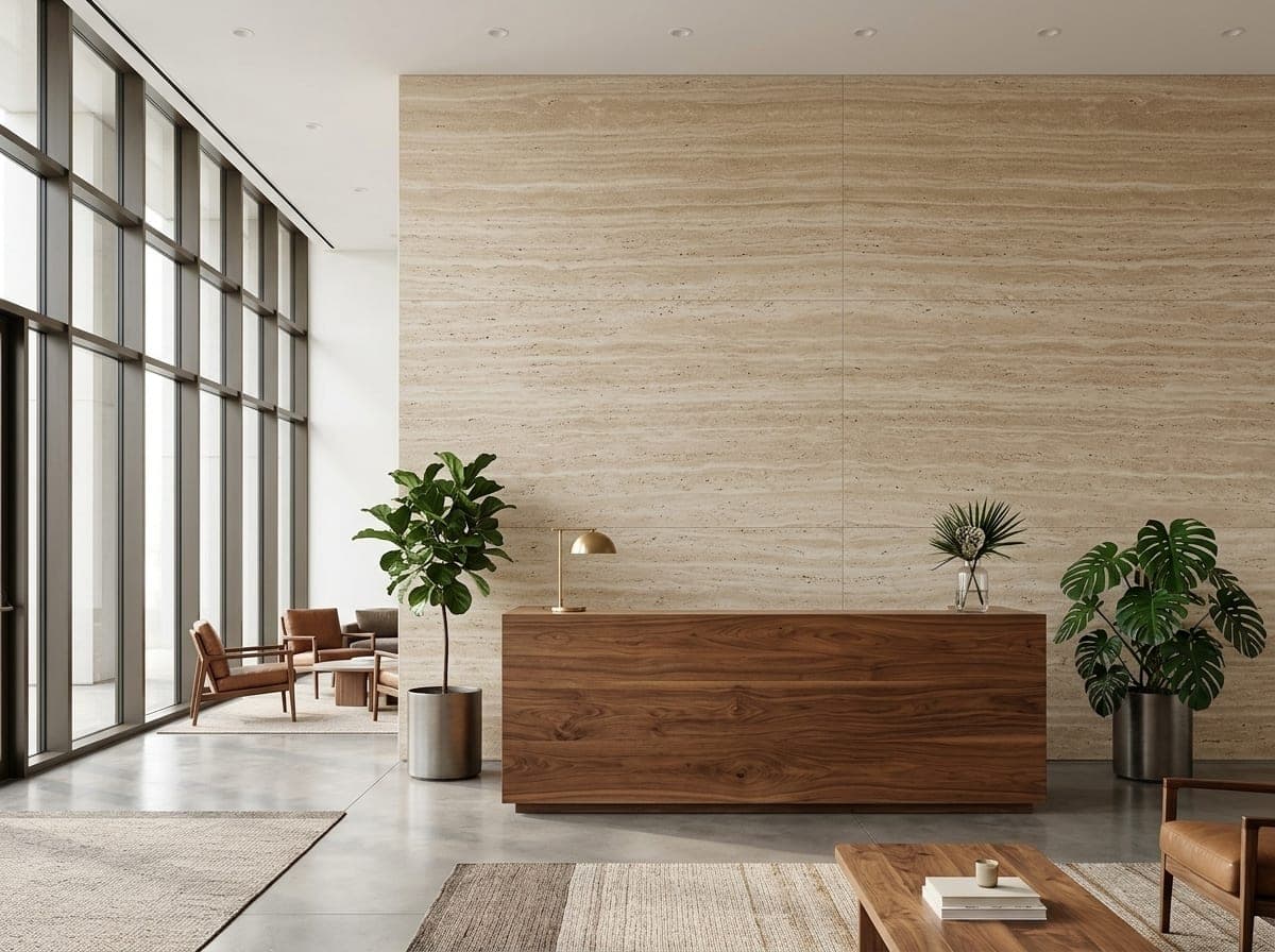Hotel-lobby met een wand van beige-taupe vein-cut travertin slabs