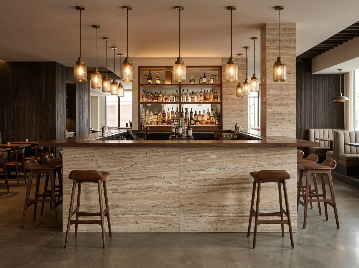 Restaurant bar with a front of light brown vein-cut travertine slabs