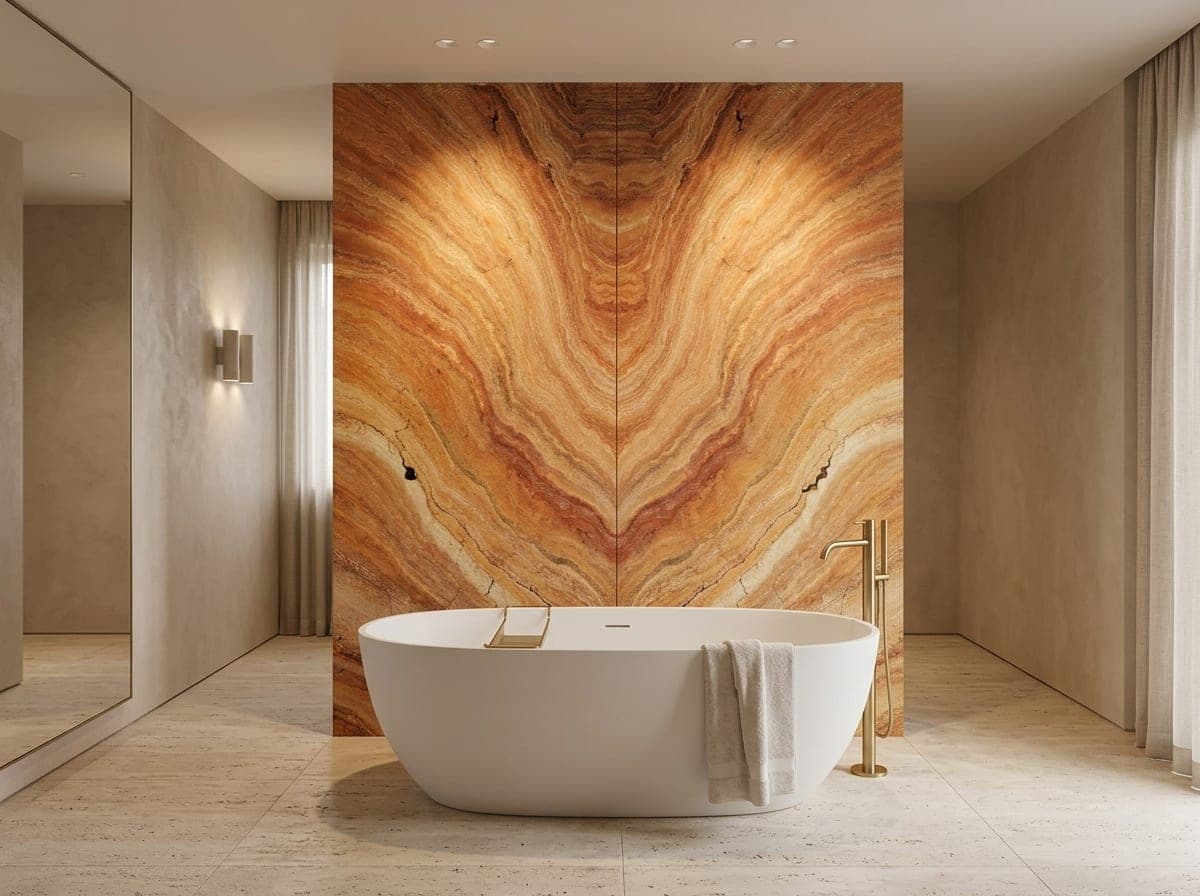 Badkamer met een spiegelend gelegde (bookmatch) wand van Sunset travertin slabs