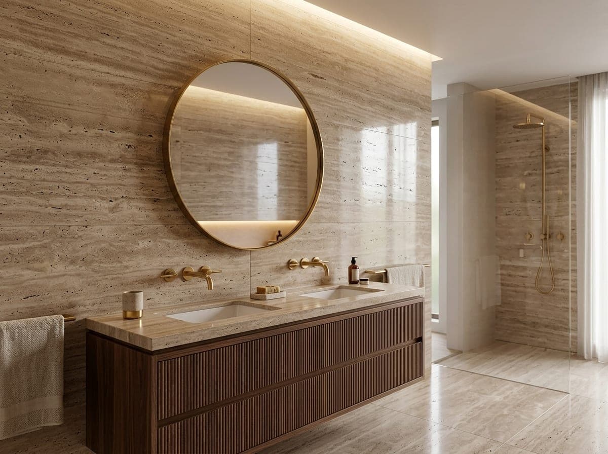 Badkamer met een wand en wastafelblad van walnootbruine vein-cut travertin