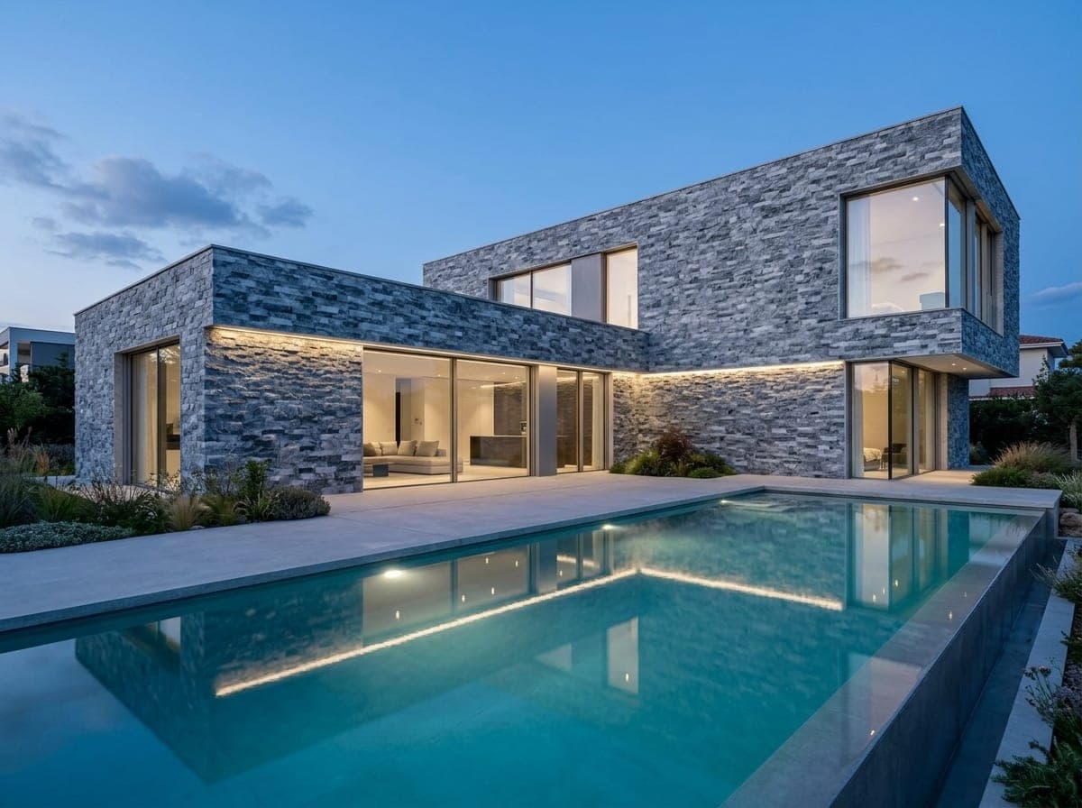 Moderne villa met een gevel van blauwgrijze Bluestone splitface strips en zwembad