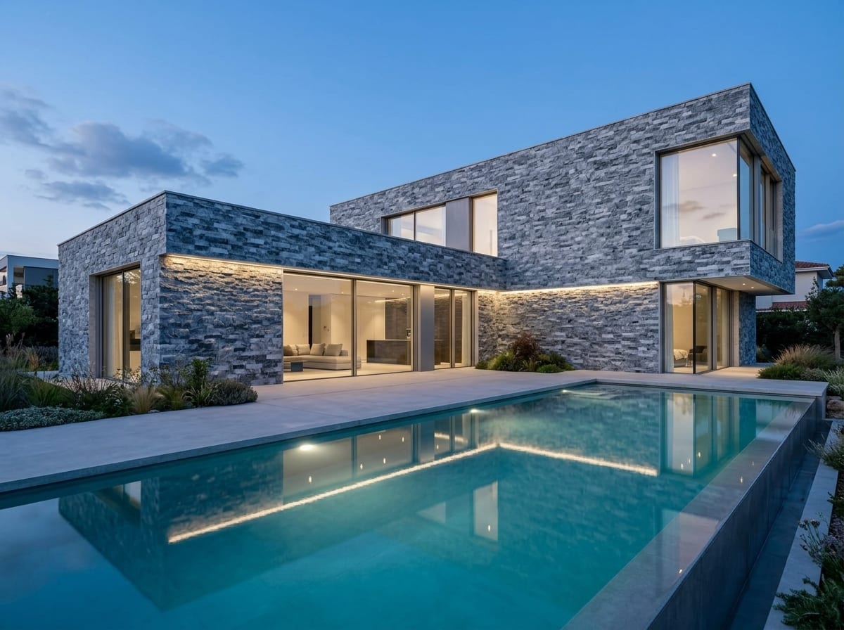 Modern villa with a facade of blue-grey Bluestone splitface strips and a pool