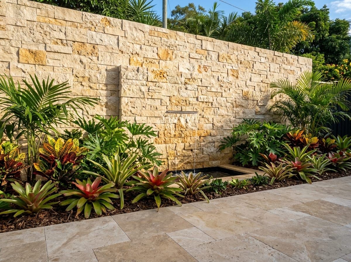 Tuinmuur van beige Classic Mix travertin splitface strips met tropische beplanting
