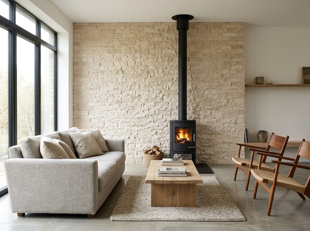 Lichte woonkamer met een accentwand van lichte travertin splitface strips achter een houtkachel