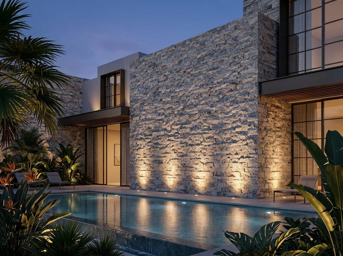 Buitenwand van een villa bekleed met zilvergrijze travertin splitface strips, verlicht in de avond