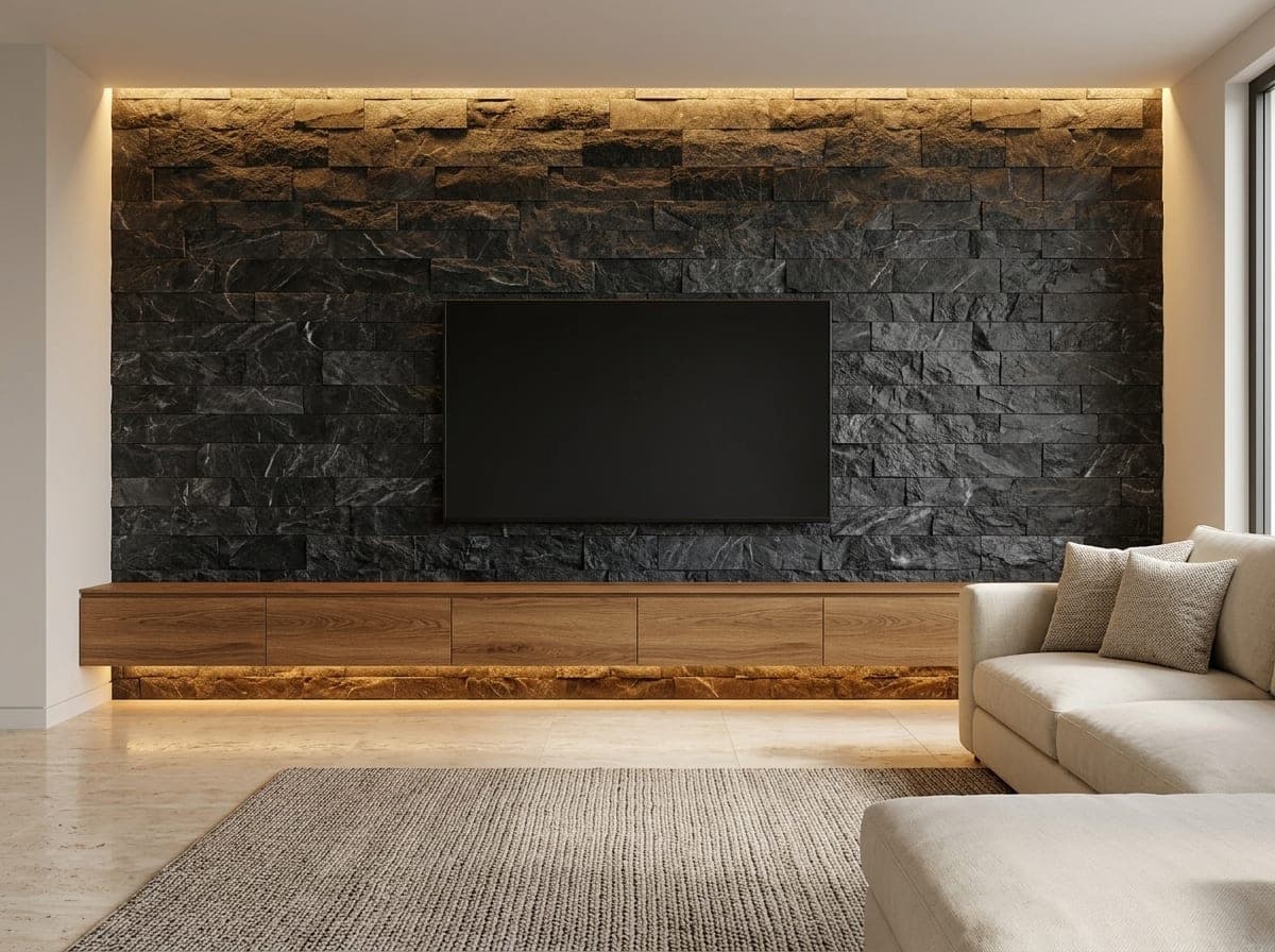 Woonkamer met een zwarte marmeren splitface wand achter een tv-meubel en warme verlichting