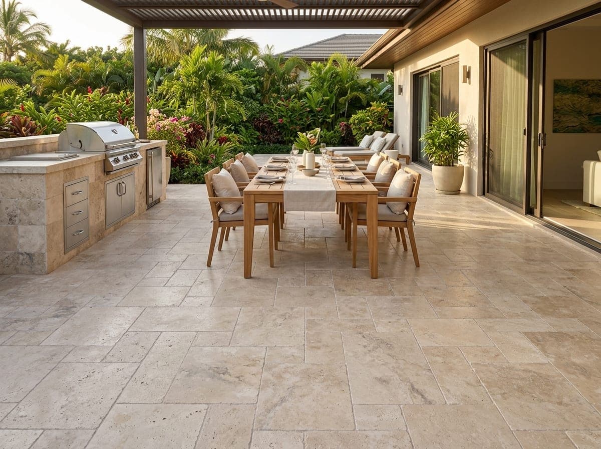 Terras met beige Country Classic travertin tegels van 40 × 60 cm, buitenkeuken en eettafel