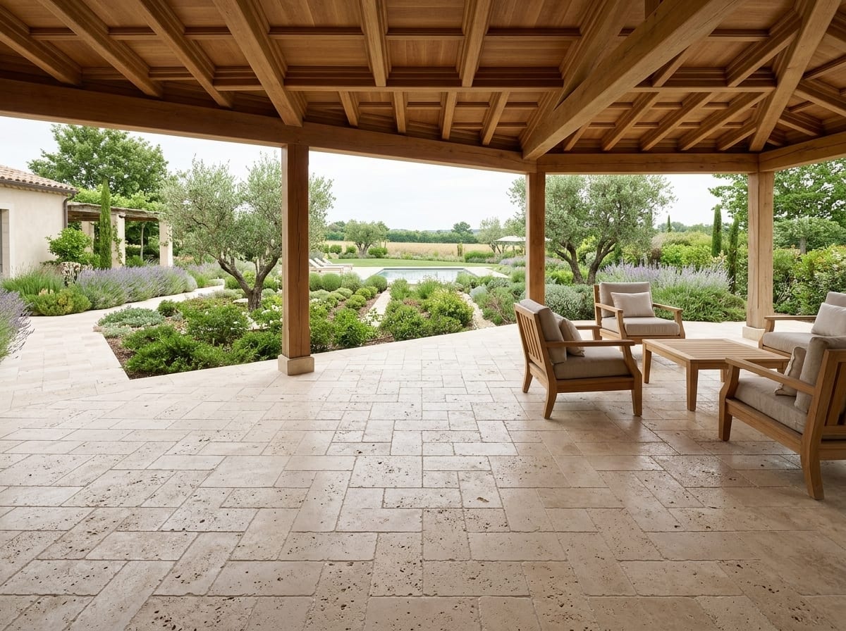 Covered terrace with light travertine tiles of 40.6 × 61 cm in running bond