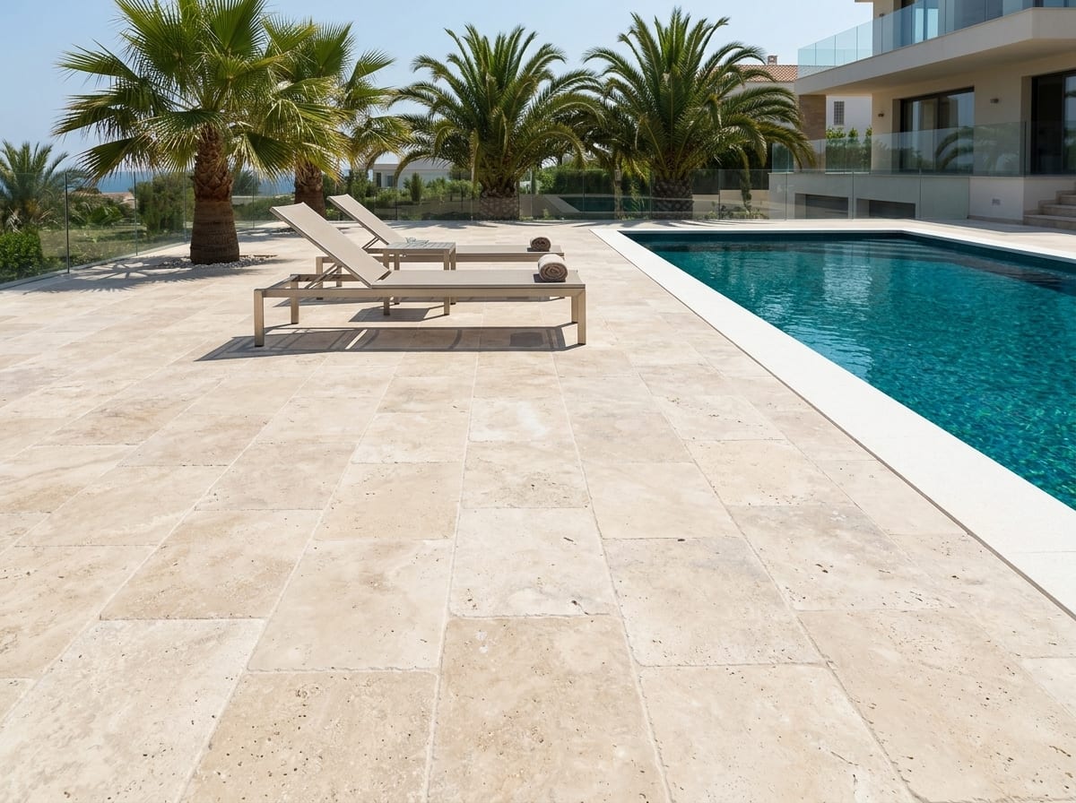 Pool deck with Light Mix travertine tiles of 40.6 × 61 cm and sun loungers