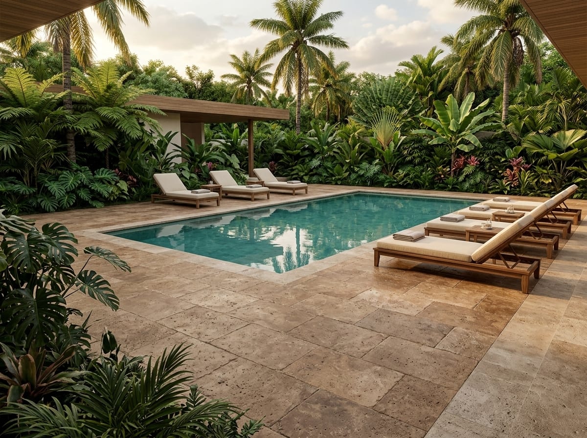 Terrace with walnut-brown Noce travertine tiles of 40.6 × 61 cm, pool and tropical plants