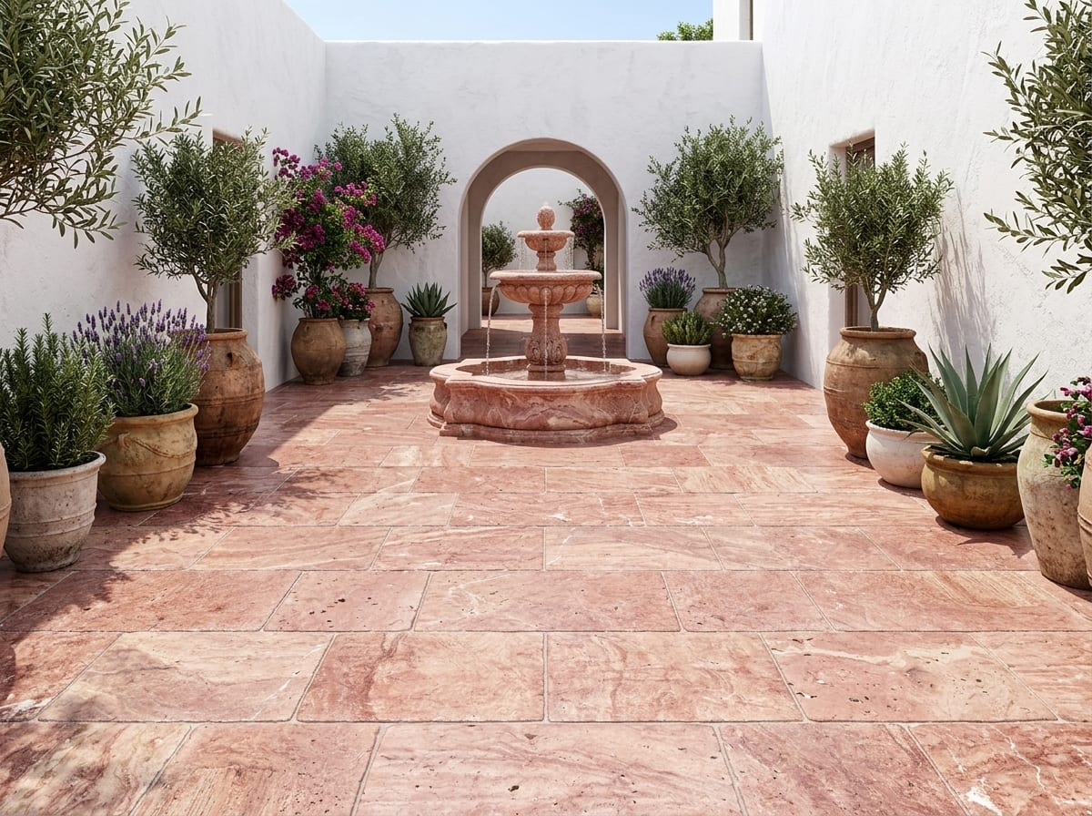 Courtyard with red-pink Rosso travertine tiles of 40.6 × 61 cm and white walls
