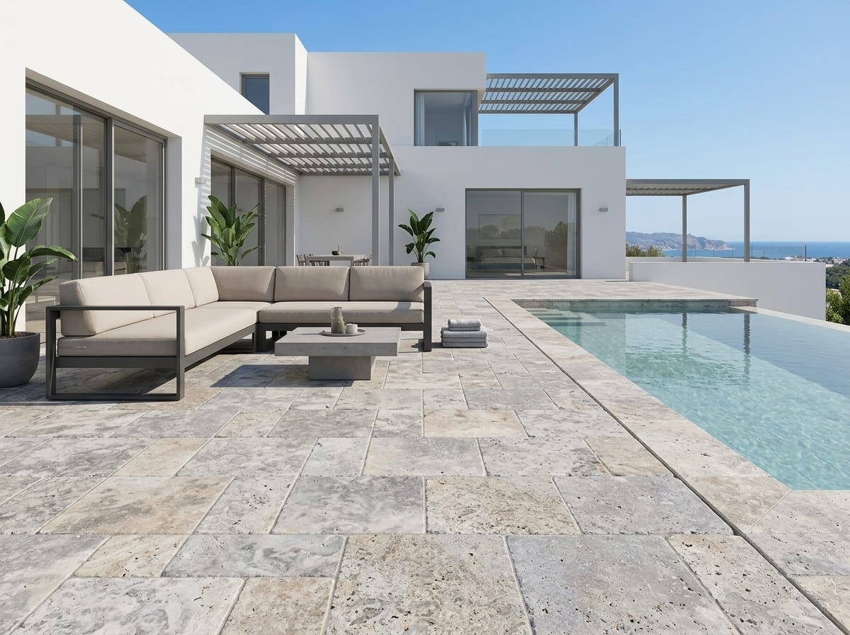 Modern terrace with silver-grey Silver travertine tiles of 40.6 × 61 cm and a lounge set
