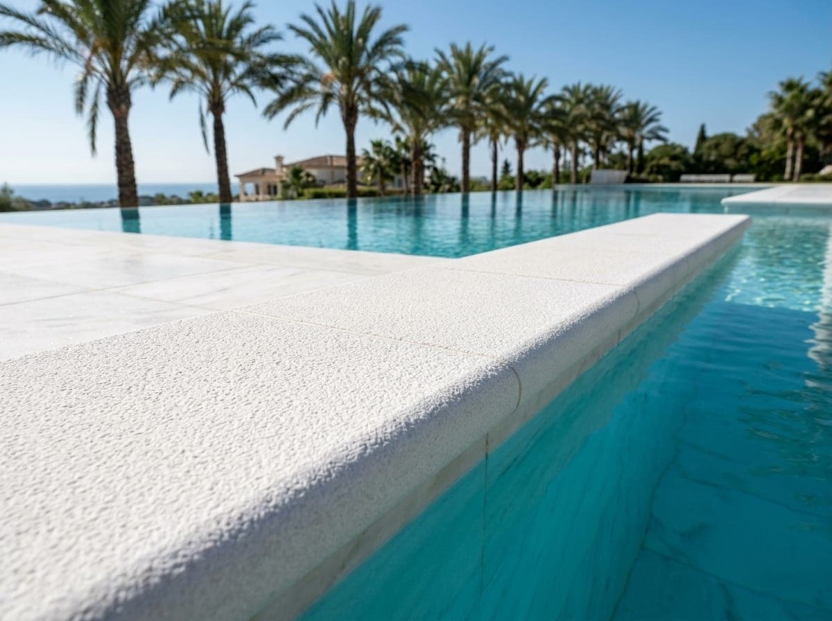 Zwembad met witte marmeren randstukken en strak wit terras