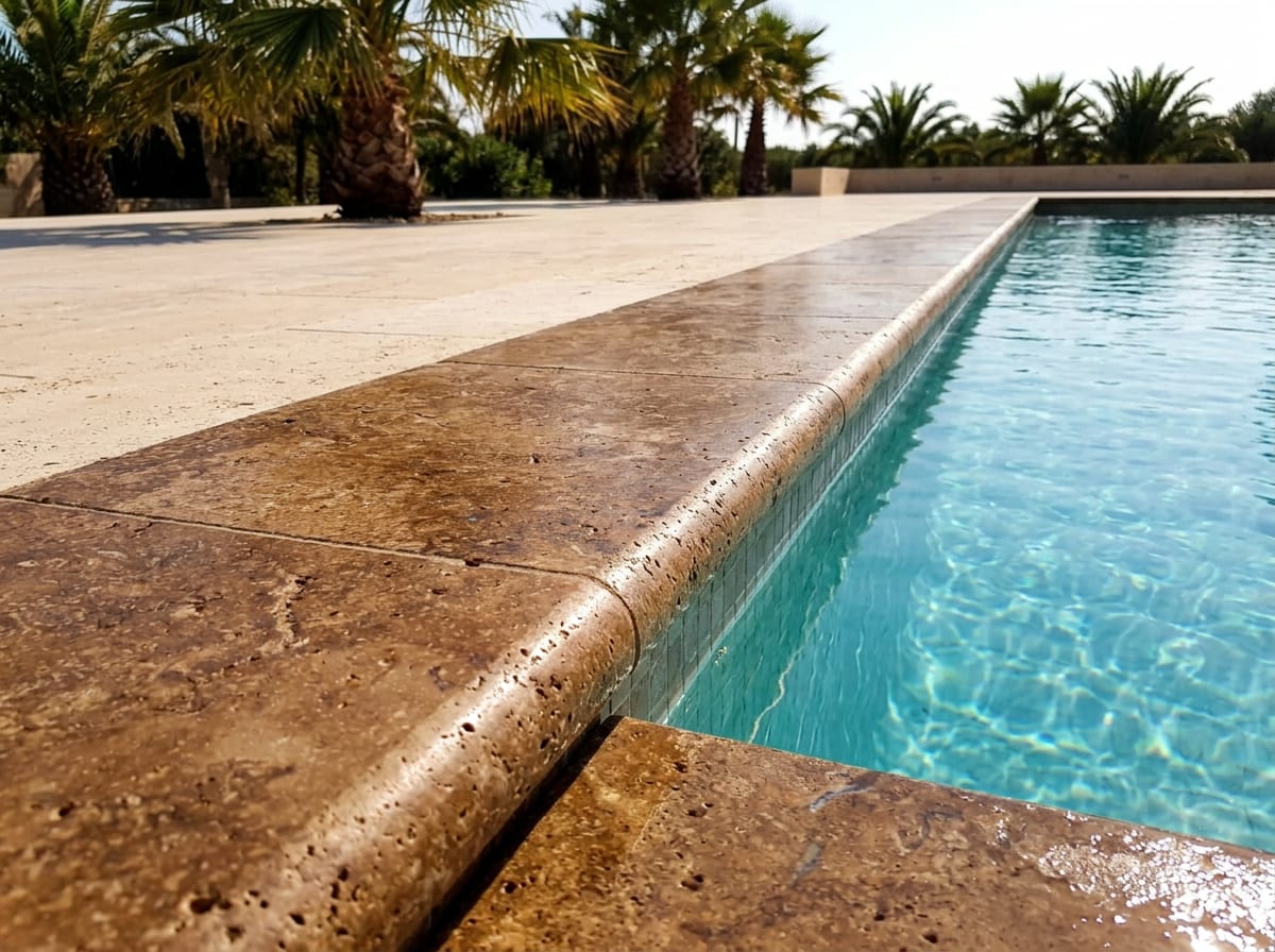 Pool with walnut-brown travertine coping stones and terrace