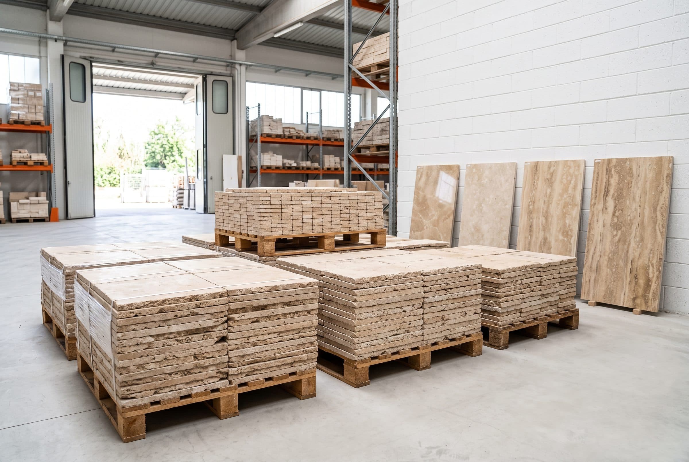 Pallets of light travertine tiles and slabs in a warehouse (impression)