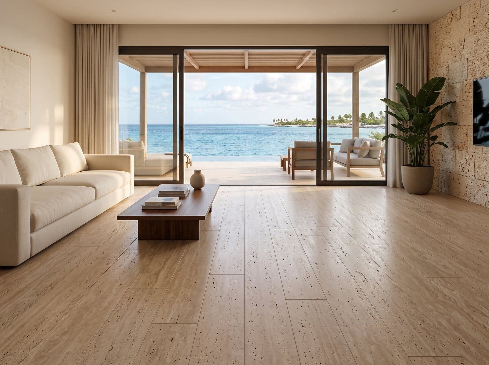 Living room with a light honed travertine floor and a sea view